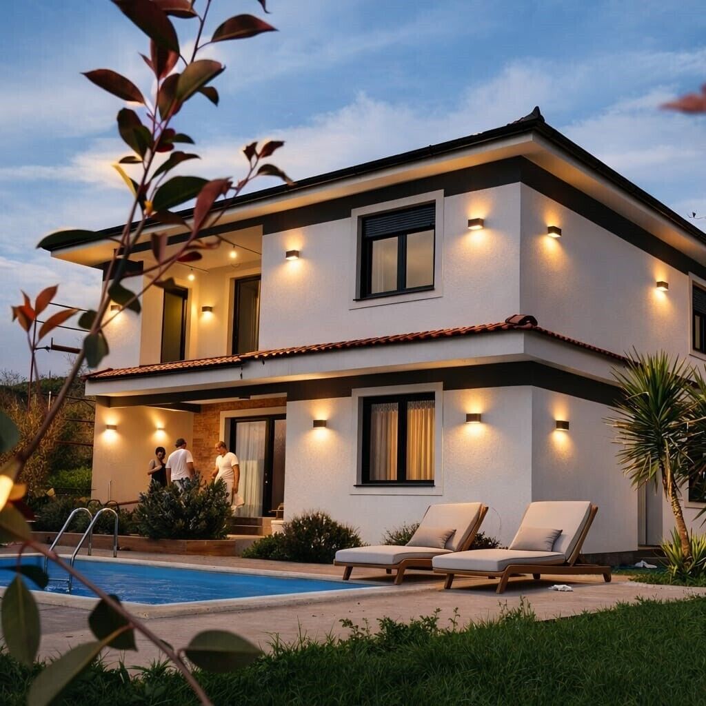 Ein modernes, zweistöckiges Haus mit Swimmingpool, Außenbereich und mehreren Leuchten.