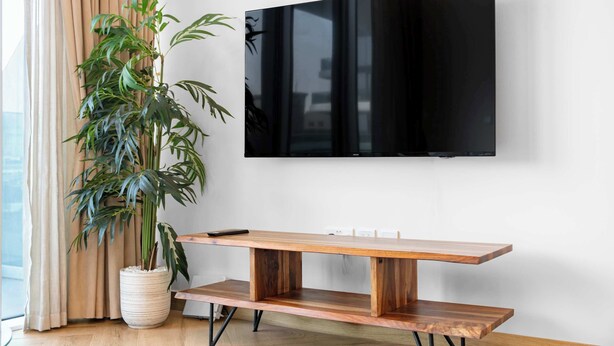 Un espacio habitable moderno con un televisor de pantalla plana montado en la pared, una mesa de centro de madera y una planta grande en maceta.