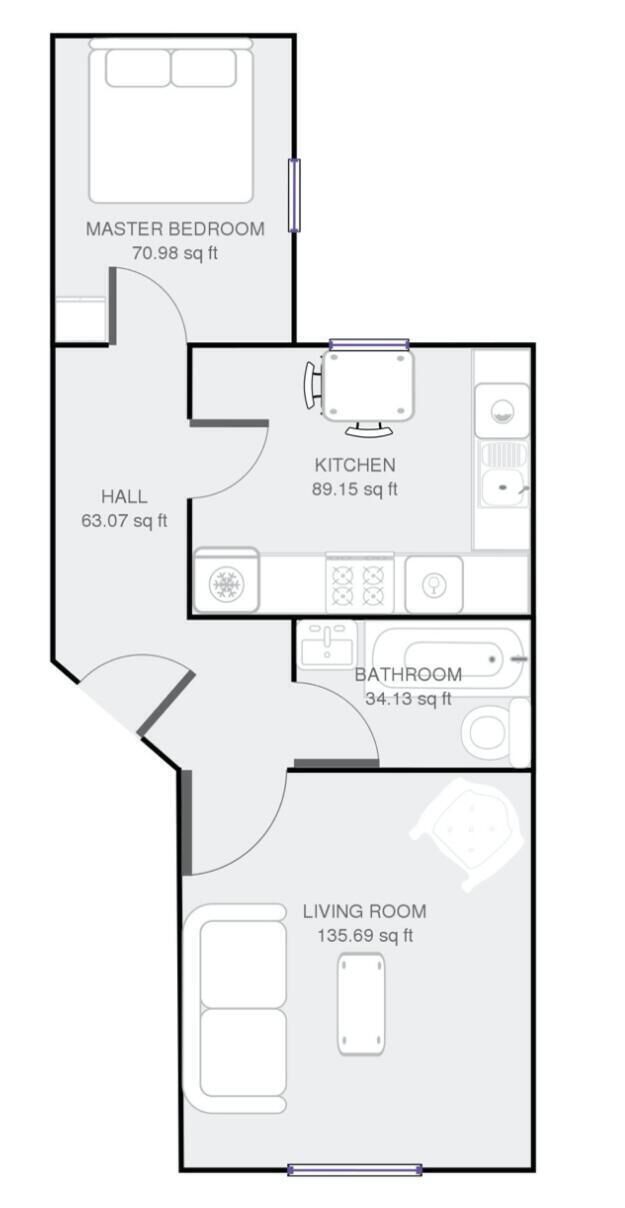 Plano de planta que muestra un dormitorio principal (21.39 metros cuadrados), cocina (26.71 metros cuadrados), baño (10.21 metros cuadrados), sala de estar (40.31 metros cuadrados) y un vestíbulo (18.94 metros cuadrados).