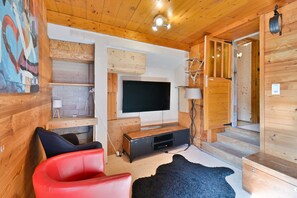 A wooden interior with a television, a red chair, and a black rug.