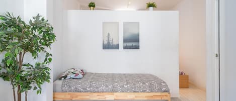 A bedroom with a wooden bed, two wall-mounted pictures, a small plant on the wall, and a potted plant beside the bed.