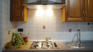 Et køkken med gaskomfur, emfang, træskabe og et flisebeklædt backsplash.