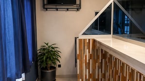 A modern kitchen with a built-in stove, a potted plant, and a window overlooking a balcony.