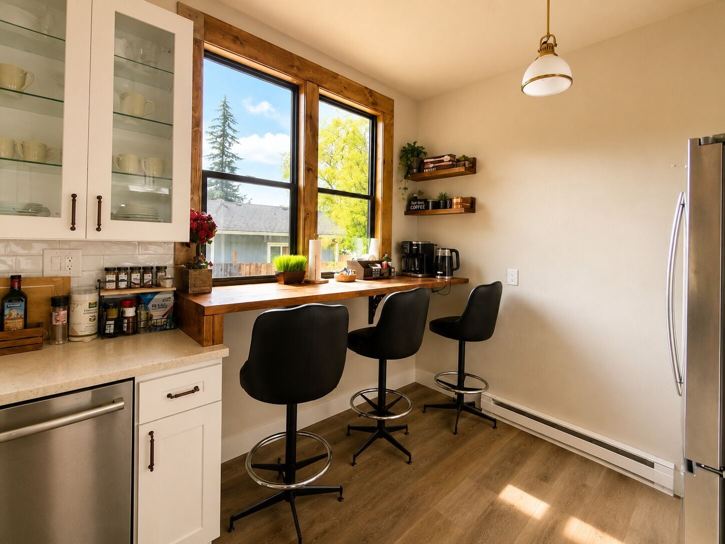 Coffee/tea maker, fridge, microwave, oven