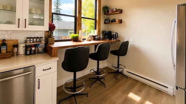 A kitchen with a wooden countertop, two black bar stools, a stainless steel refrigerator, and a window with a view of trees. - Mountain Cabin With Hot Tub & Fire Pit, Wallace Falls & Stevens Pass (Gold Bar)