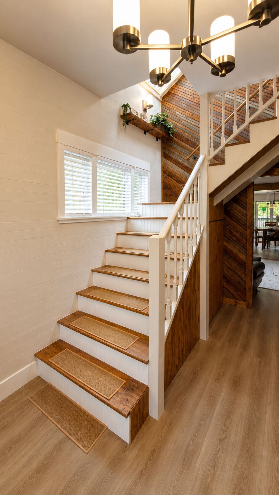 A staircase with wooden steps and white railings, leading to a landing with a view of a wooden wall and a window with blinds.