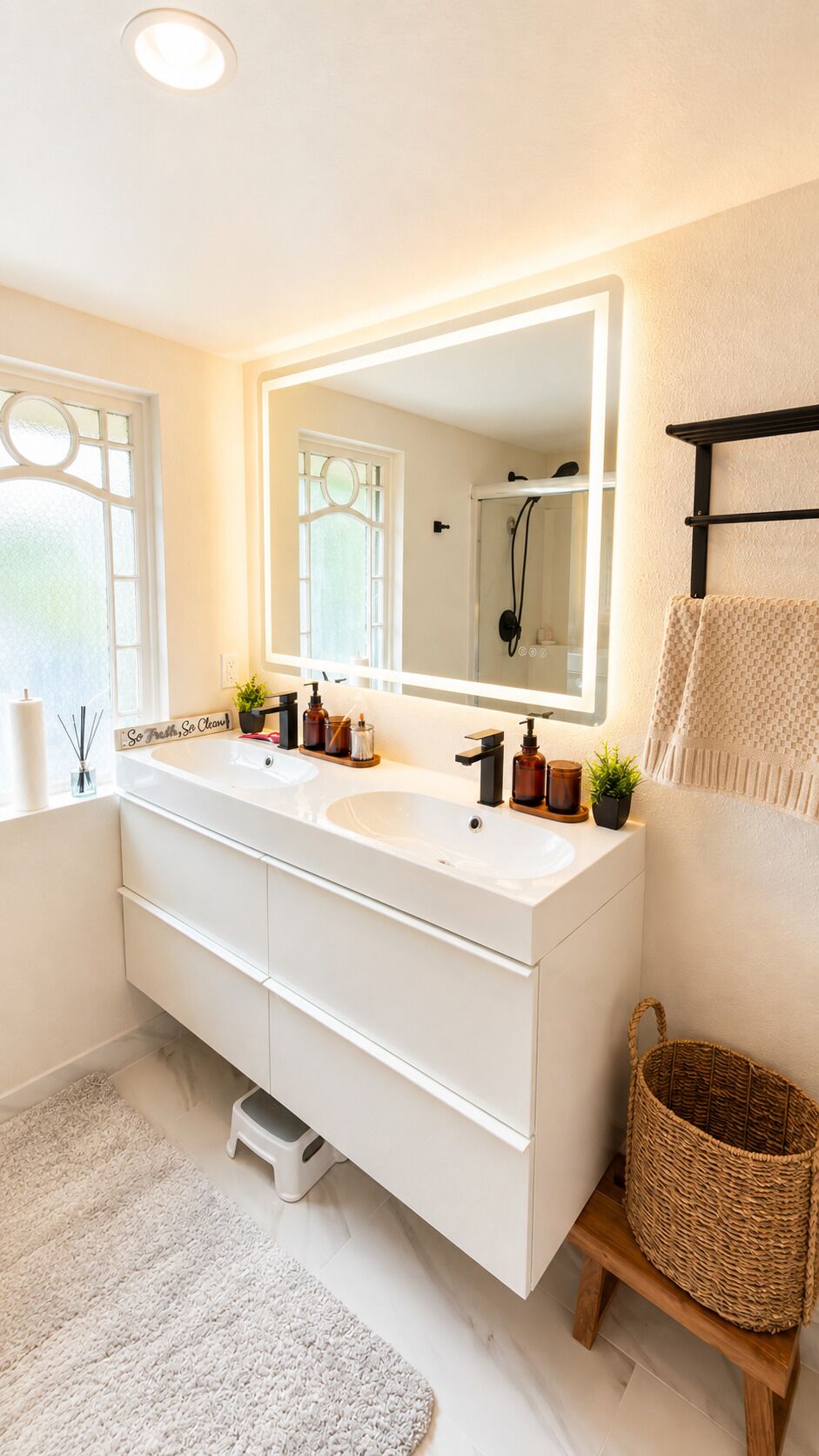 Une salle de bain moderne avec un meuble-lavabo à deux vasques, un grand miroir et une cabine de douche.