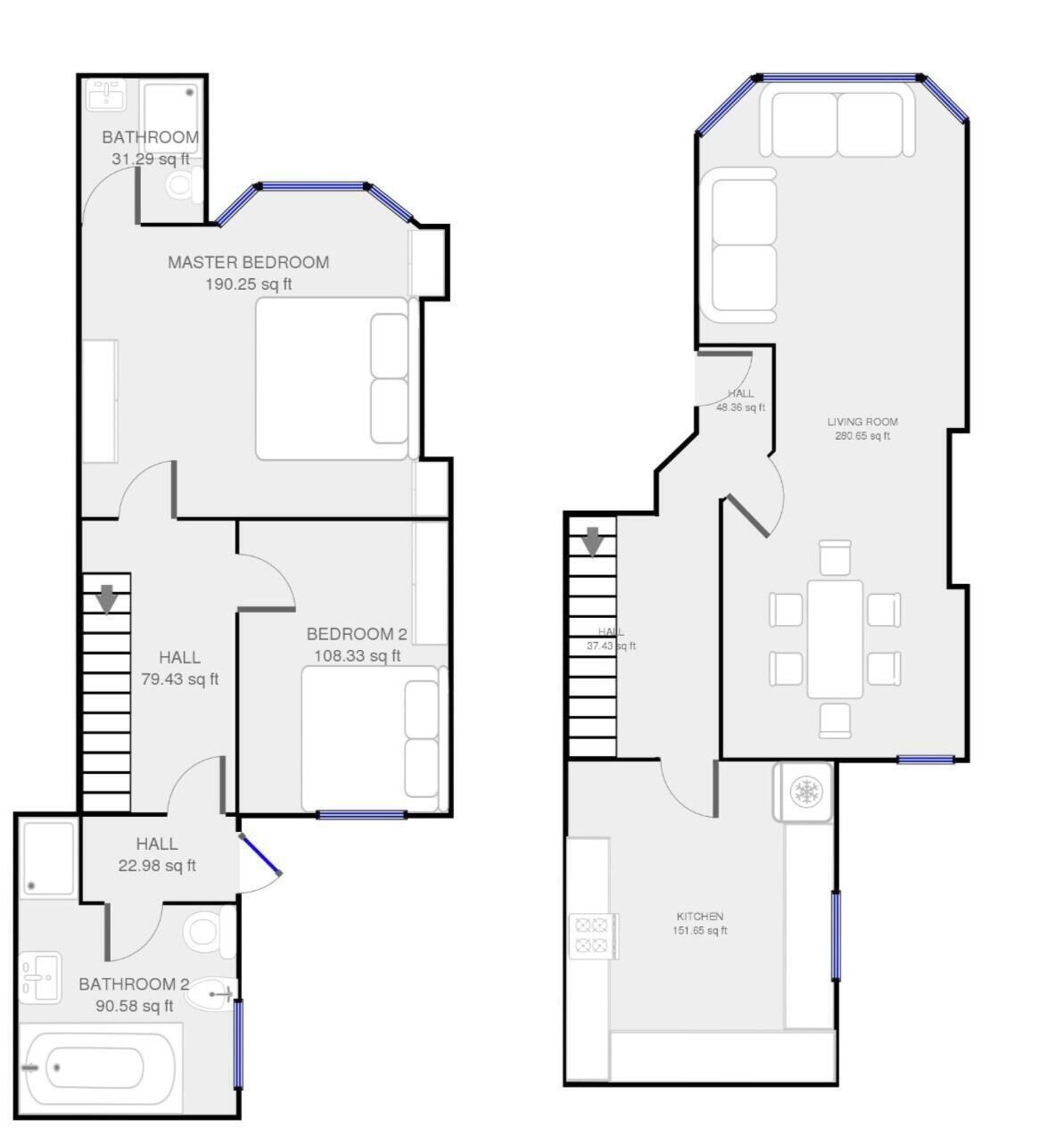 A floor plan with a master bedroom, two bedrooms, two bathrooms, a kitchen, a living room, and two halls.