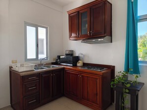 A kitchen with wooden cabinets, a microwave, a toaster, and a gas stove. - Azul Mar Apartment 2 (Puerto Morelos)