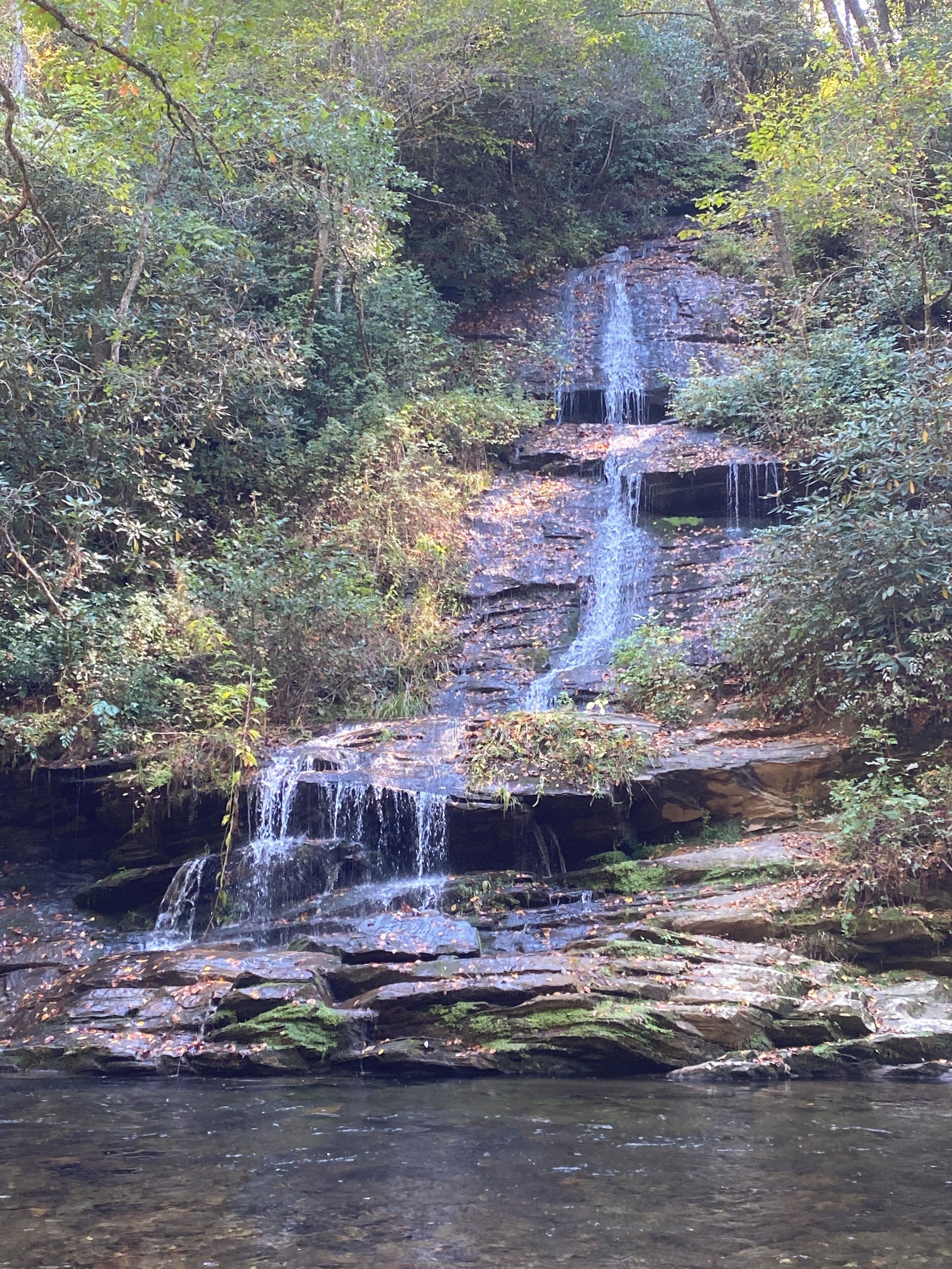 Ein Wasserfall stürzt über felsiges Gelände, umgeben von dichtem Grün.