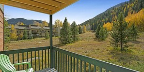 A porch with a view of a mountain and forest. - Remodeled  East Vail Condo w/ Creekside Views, Free Shuttle Access!! (Vail)