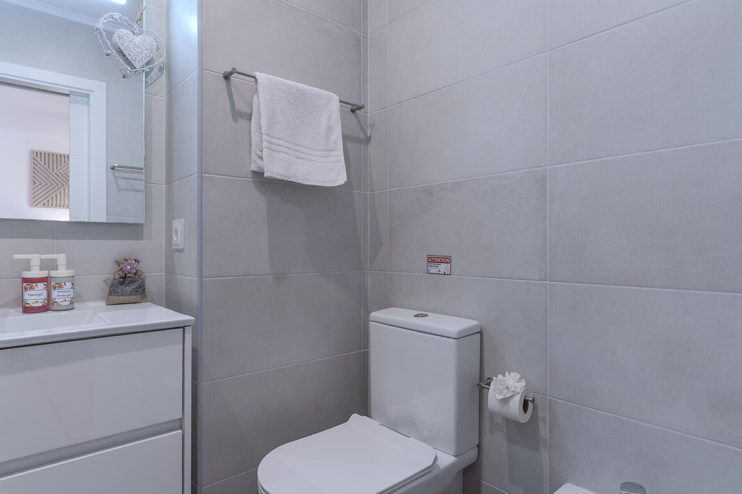 Une salle de bain équipée de toilettes, d’un porte-serviettes et d’un distributeur de savon pour les mains et de gel douche placé sur le lavabo.