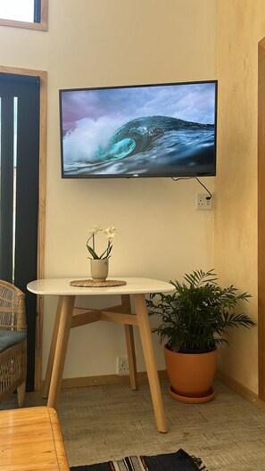 Ein Zimmer mit einem an der Wand befestigten Fernseher, der eine Welle zeigt, einem kleinen Tisch mit einer Topfpflanze und einem Korbstuhl.