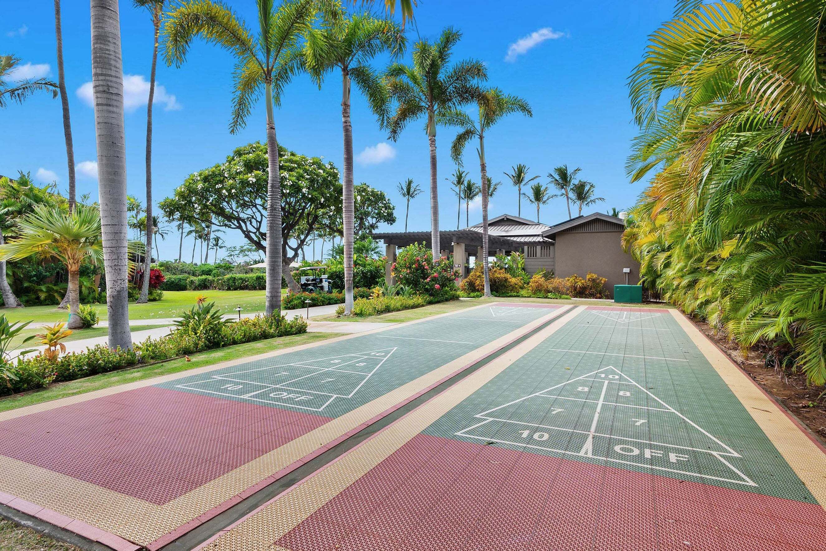 Un terrain de jeu de shuffleboard avec un bâtiment en arrière-plan.