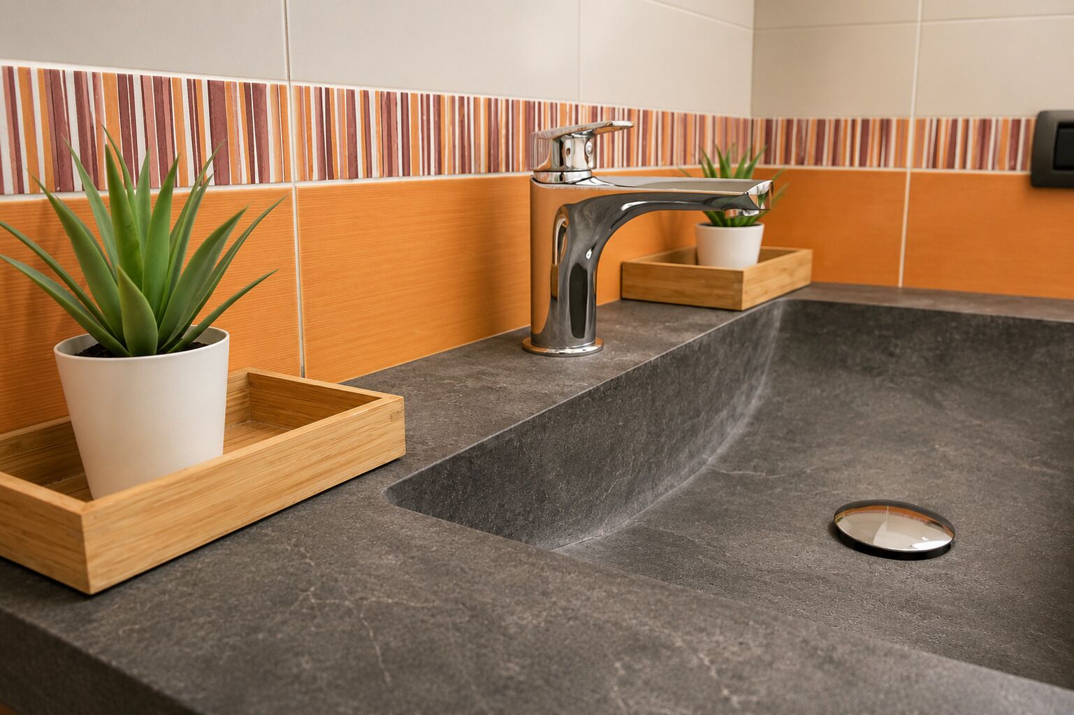 Un baño moderno con un lavabo negro, un grifo cromado y una bandeja de madera con una planta en maceta.