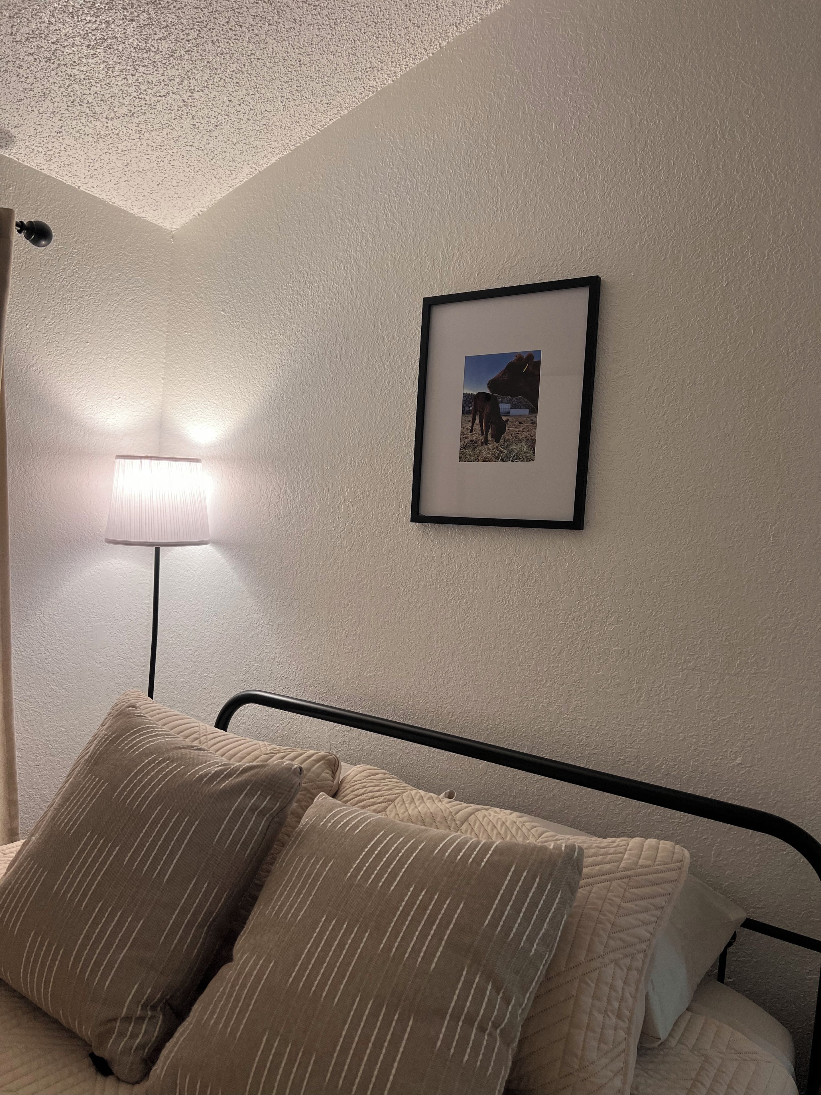 A bedroom with a bed, pillows, a framed picture on the wall, and a lamp.