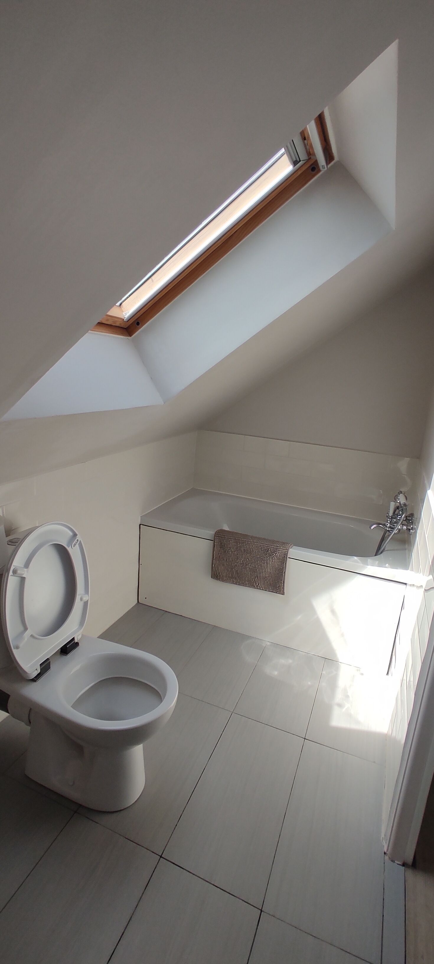 Ein modernes Badezimmer mit Oberlicht, einer Badewanne und einem WC.