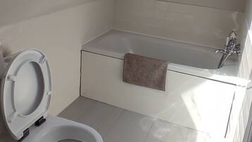 Ein modernes Badezimmer mit Oberlicht, einer Badewanne und einem WC.