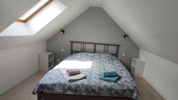 Un dormitorio con techo inclinado, una cama con colcha estampada, dos almohadas y un tragaluz.