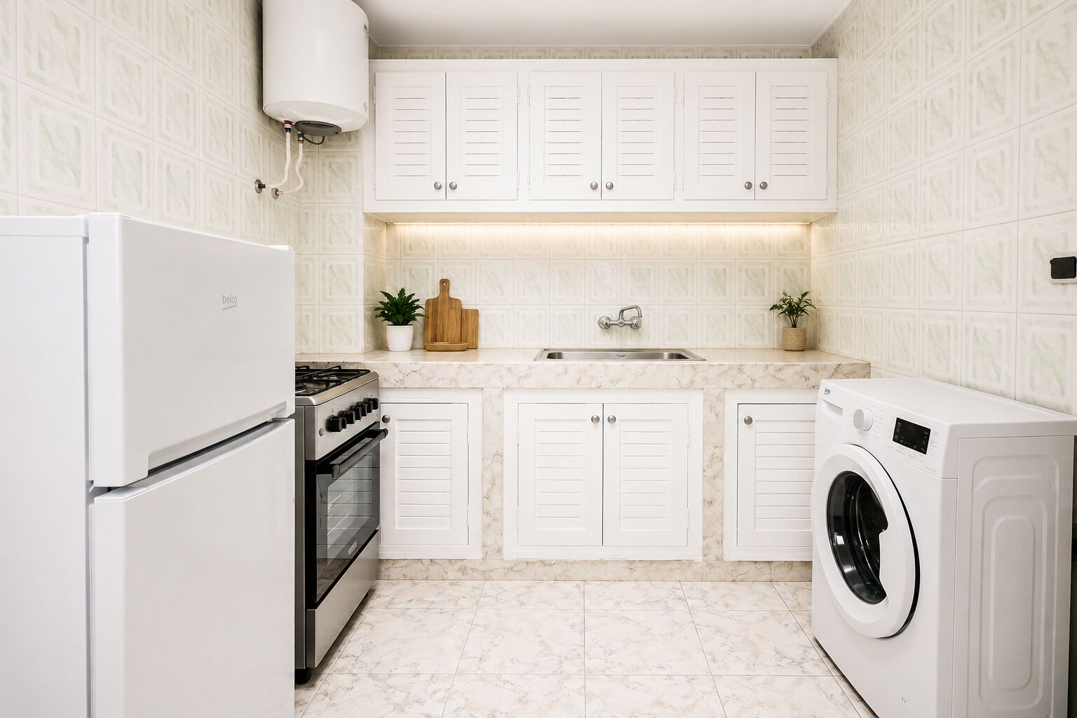 Une cuisine avec des meubles blancs, un four encastré, un lave-linge et un évier.