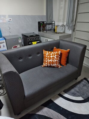 A grey sofa with a giraffe-patterned pillow, a kitchen area with a stove and sink, and a power outlet on the wall. - Blissful Escape Ngong' studio (Ngong)