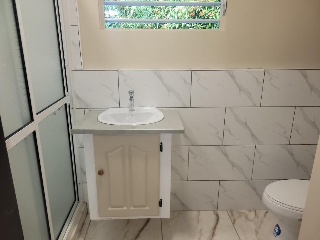 Ein Badezimmer mit Waschbecken, Schrank und Toilette.