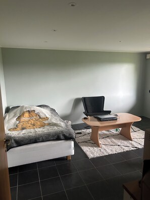 A room with a bed, a chair, a small table, and a rug.