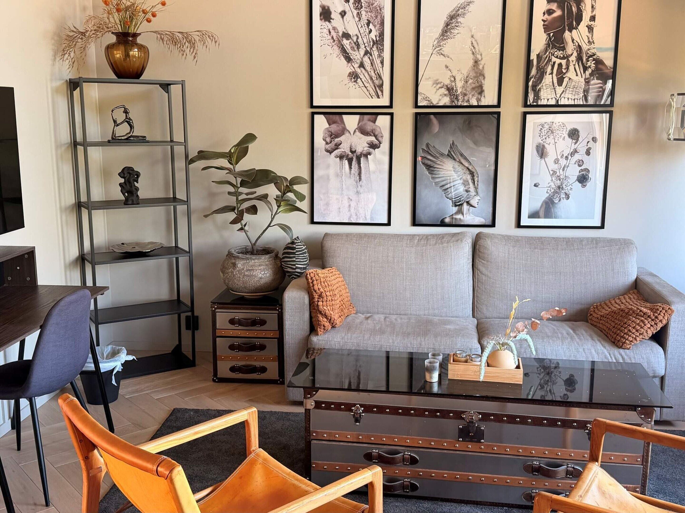 A living room with a grey sofa, a coffee table, a bookshelf, and a potted plant.
