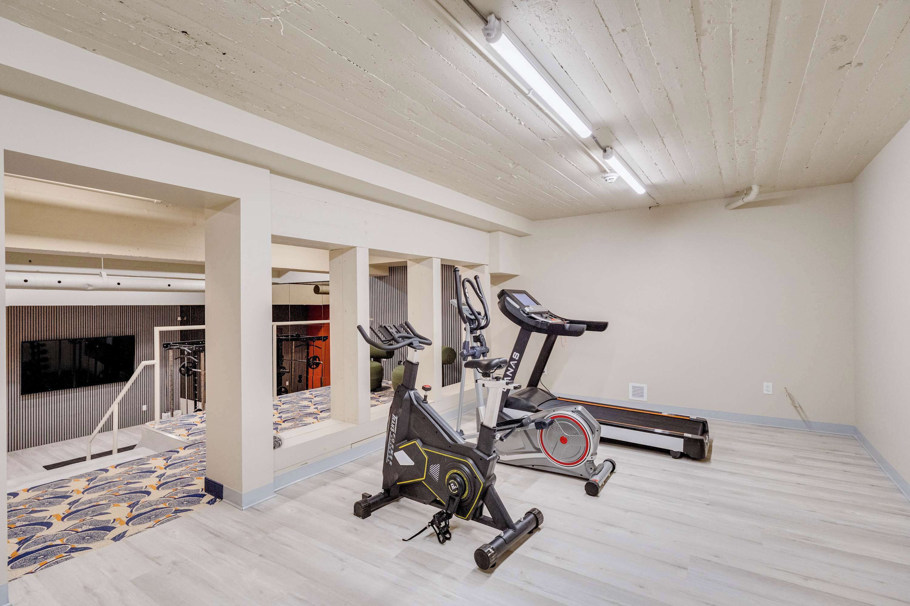 A gym with exercise equipment, a treadmill, and a stationary bike.