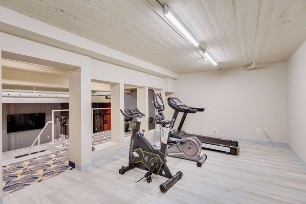 A gym with exercise equipment, a treadmill, and a stationary bike. - 214 Cook - Loft in the Heart of Old Quebec (Québec)