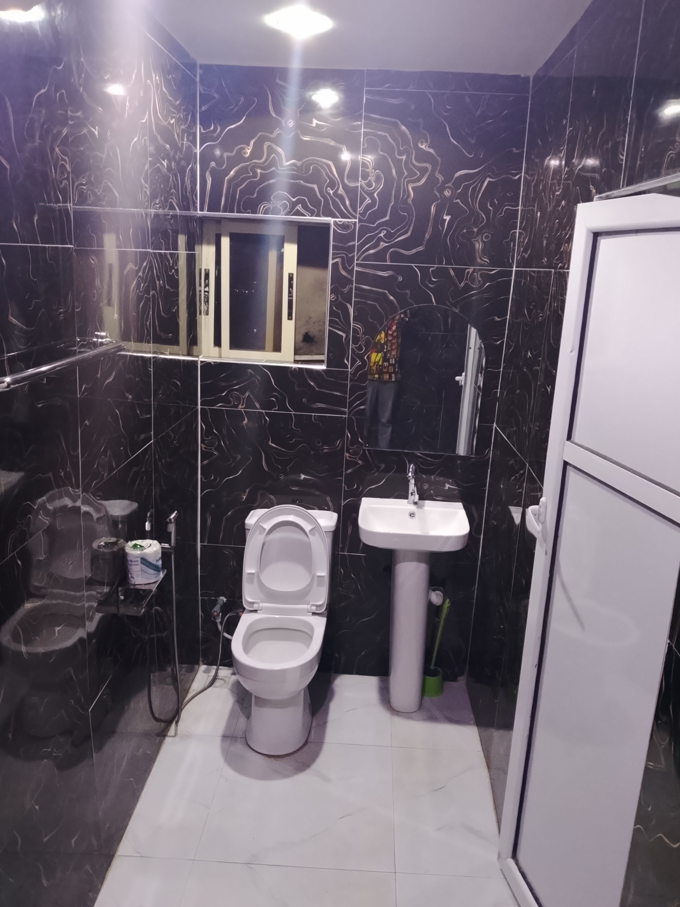 A bathroom with a toilet, sink, and shower.