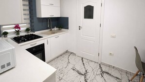 Een kleine keuken met een kookplaat, spoelbak en keukenkastjes, een witte deur en een marmeren vloer.