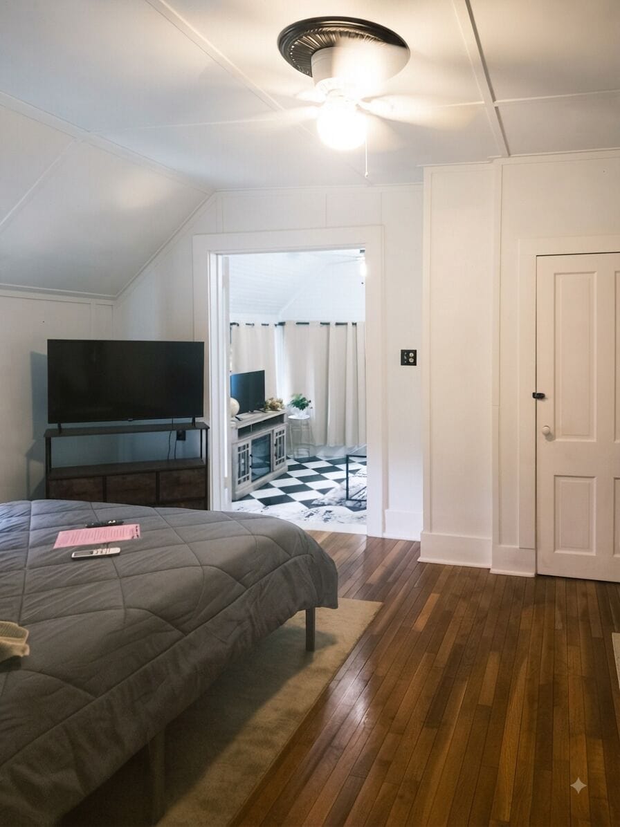 Un dormitorio con cama, televisión, ventilador de techo y una puerta que da a un pasillo con piso a cuadros.