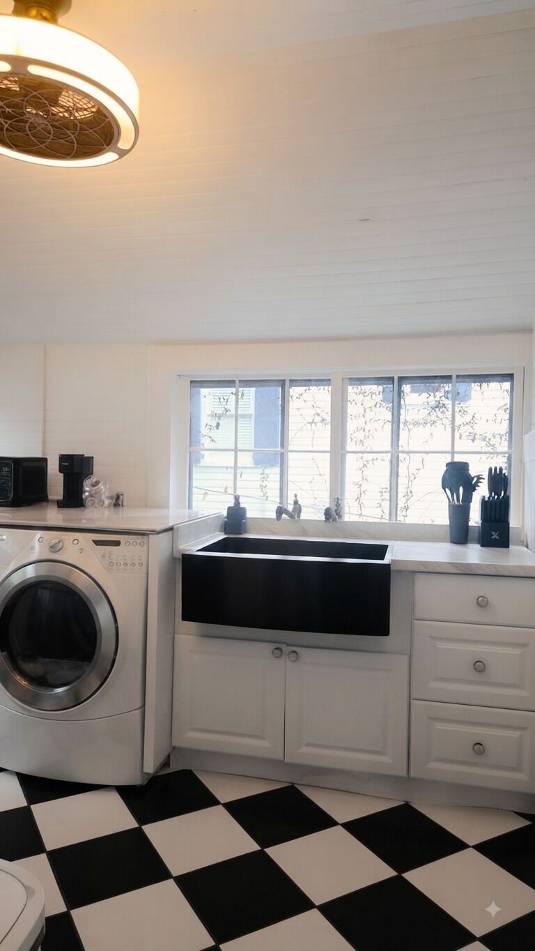 Ein Waschraum mit Waschmaschine, Spüle und Fenster.