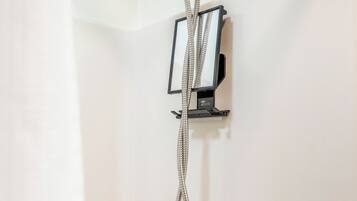 Hair dryer, towels, soap, shampoo
