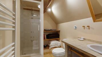 Ein Badezimmer mit einer Duschkabine, Toilette, Waschbecken und Spiegel.