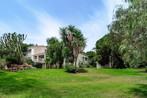 A residential area with a white house, a well-maintained lawn, and various trees.