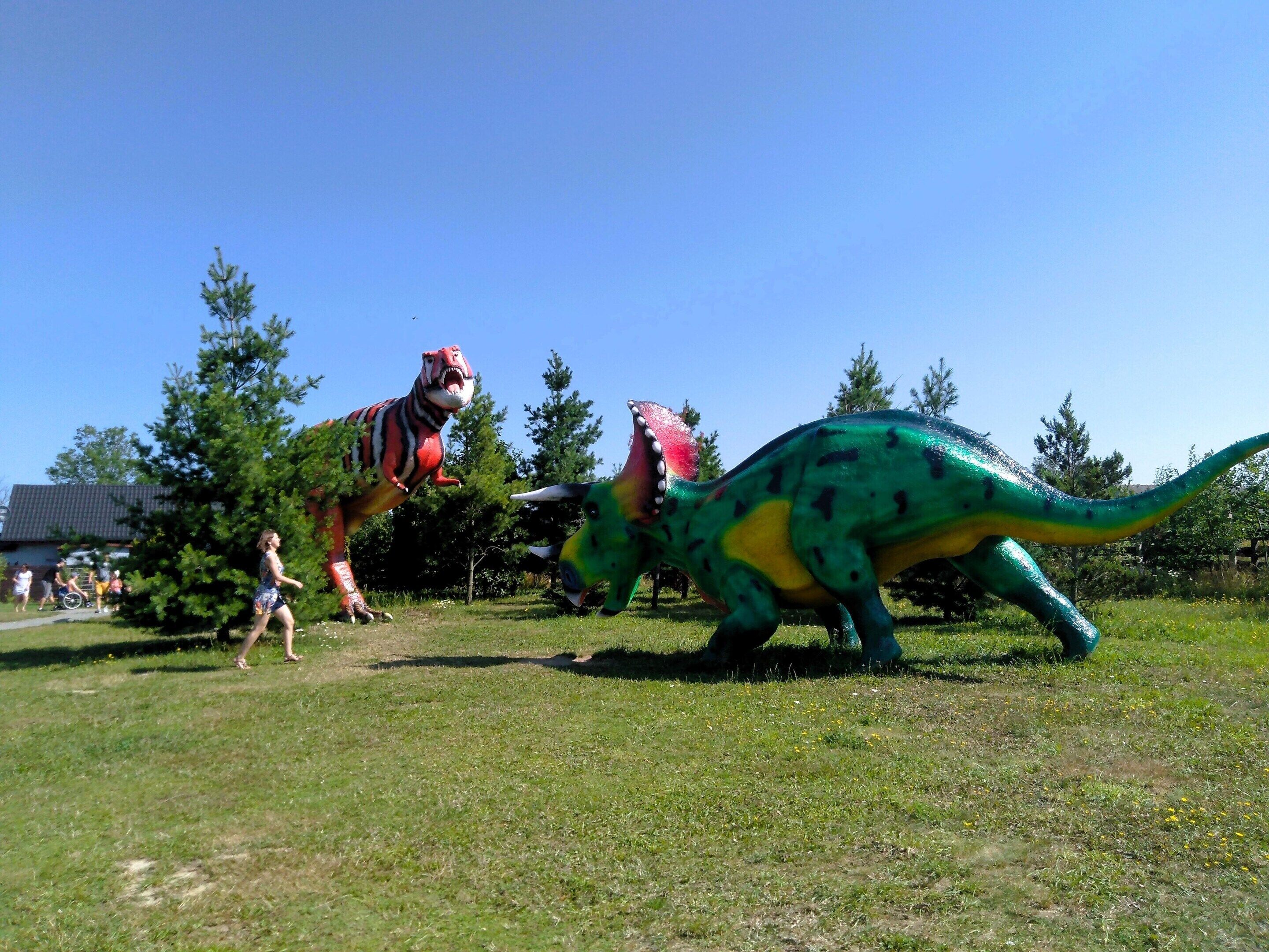 Een grasrijk buitengebied met twee grote dinosaurusbeeldhouwwerken.