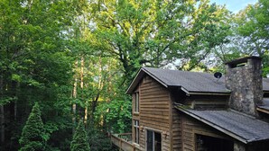 Eine Holz-Blockhütte mit einem Steinkamin, umgeben von dichtem Wald.