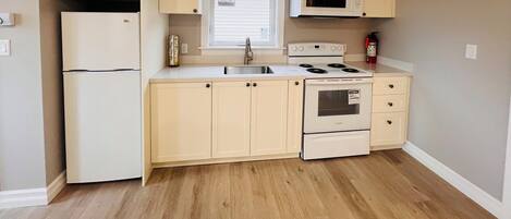 Full-size fridge, microwave, oven, stovetop