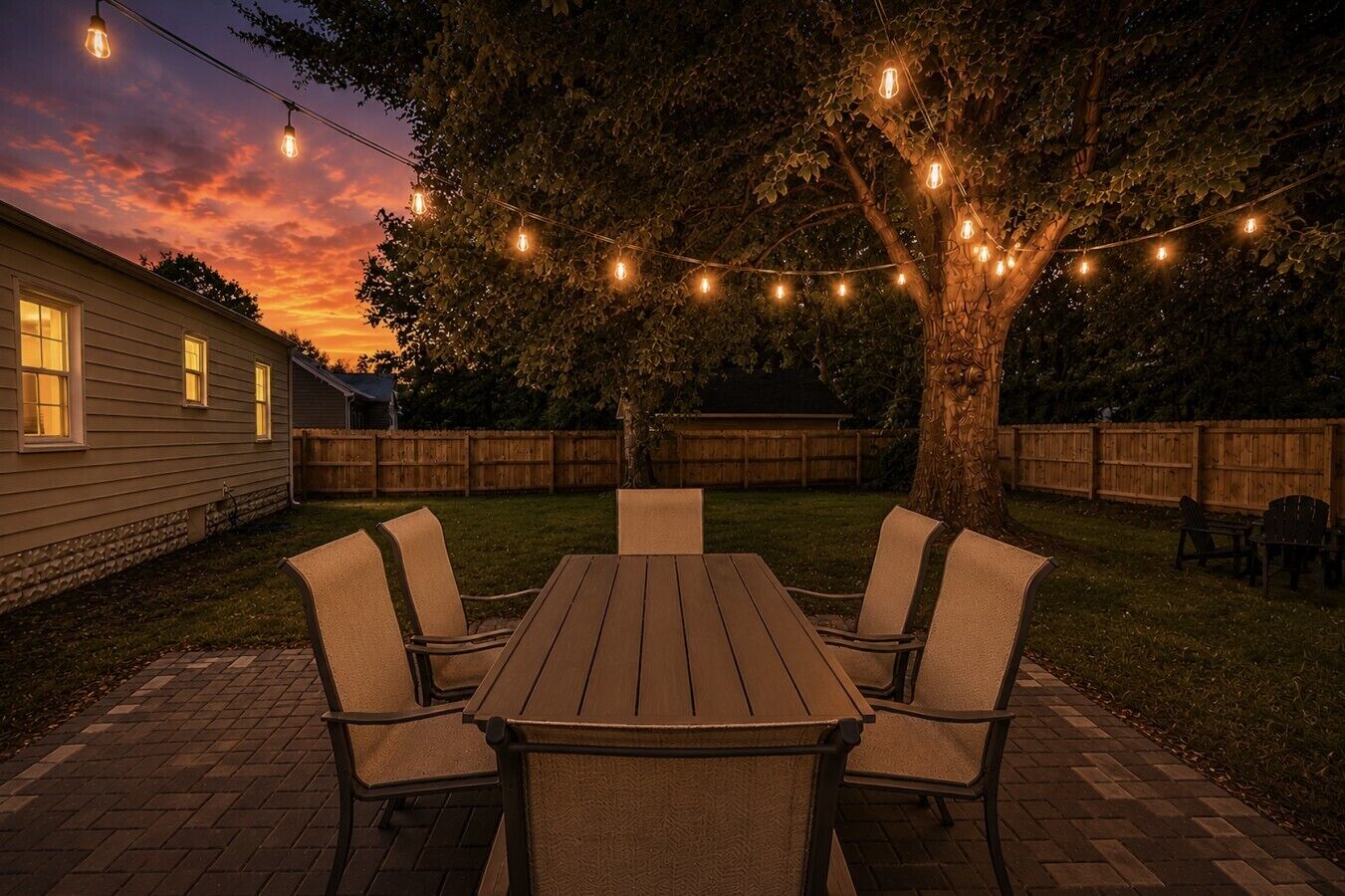 A wooden table with four chairs in a backyard at dusk, surrounded by trees and a wooden fence.