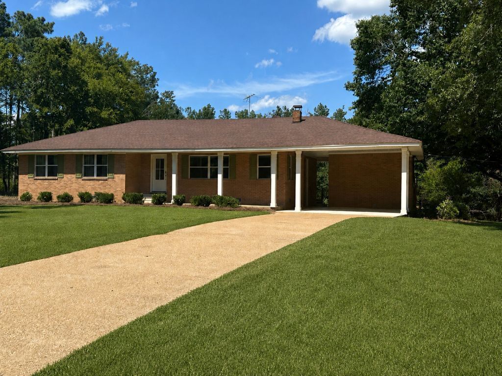 A single-story house with a covered porch, a front lawn, and a brick exterior.