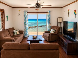 A living room with a view of the ocean, furnished with brown sofas and a television. - Seas the Day-Oceanfront 2 Bedroom Water Access Only (Oakridge)