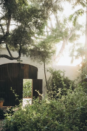 A rustic wooden structure with a door, surrounded by dense foliage and trees. - Cortijo El Aguilón, a hidden paradise in Tarifa. (Tarifa)