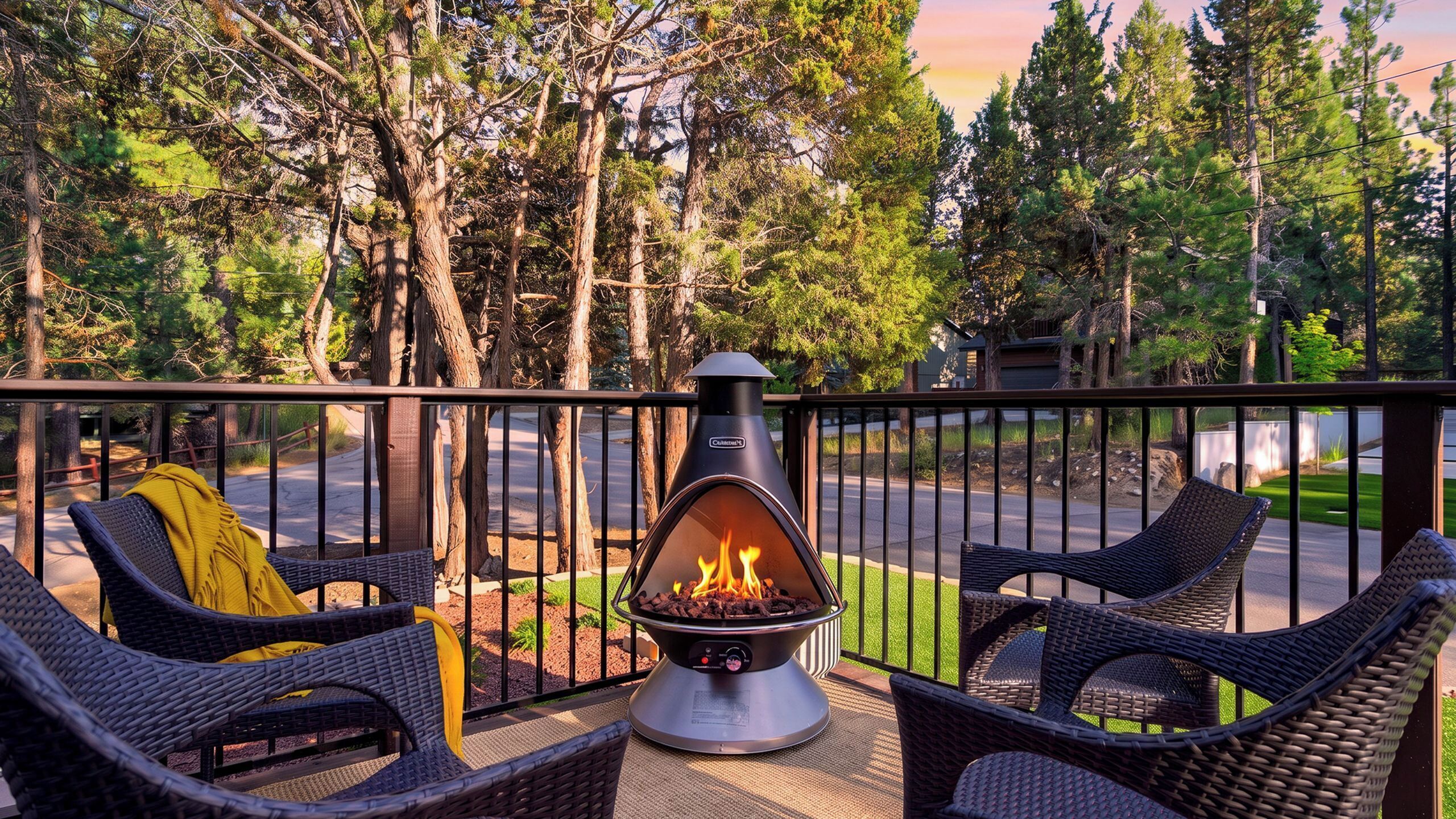 An outdoor seating area with wicker chairs and a wood-burning stove.