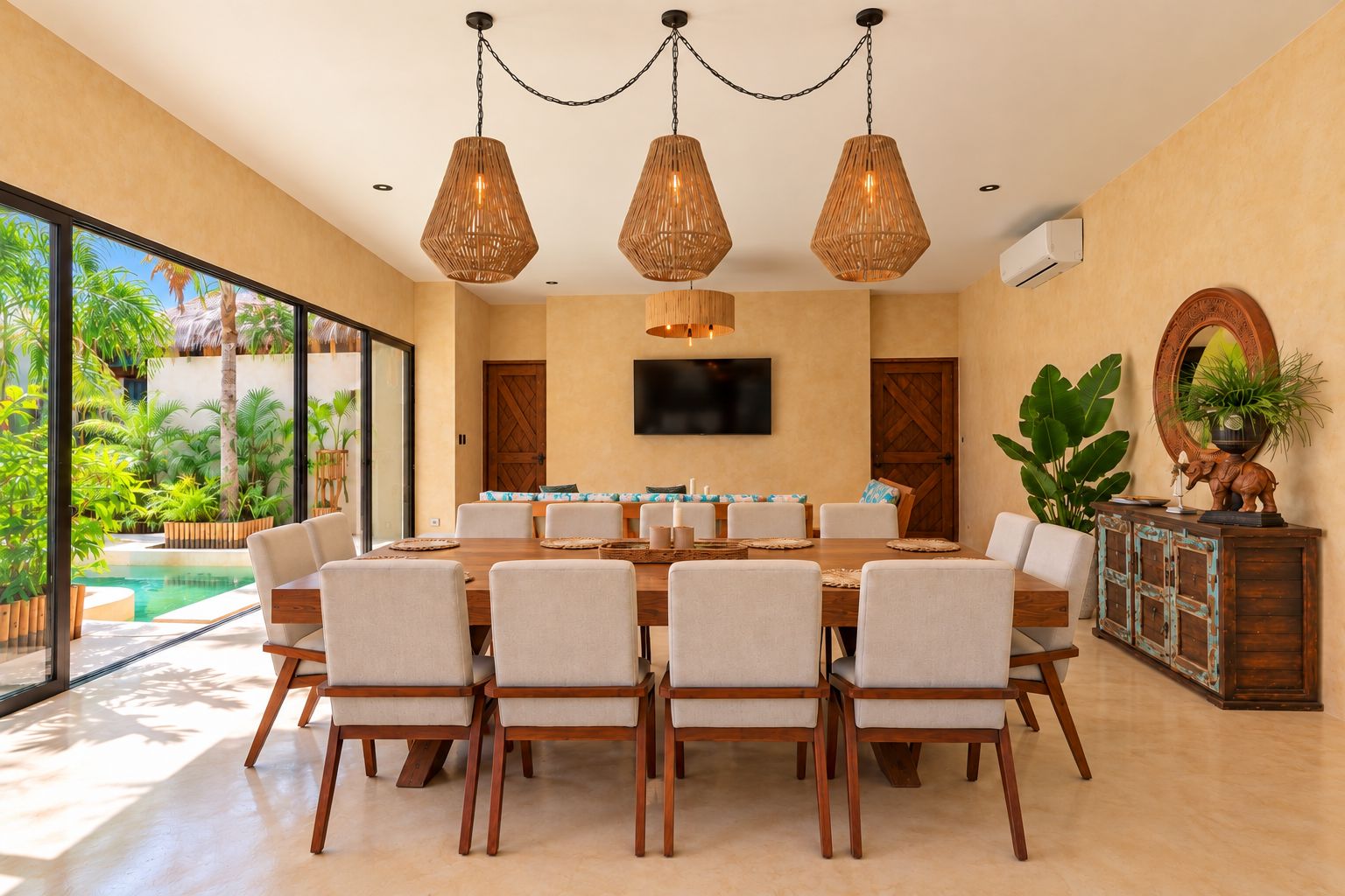 Une salle à manger avec une grande table, des chaises et des luminaires suspendus.