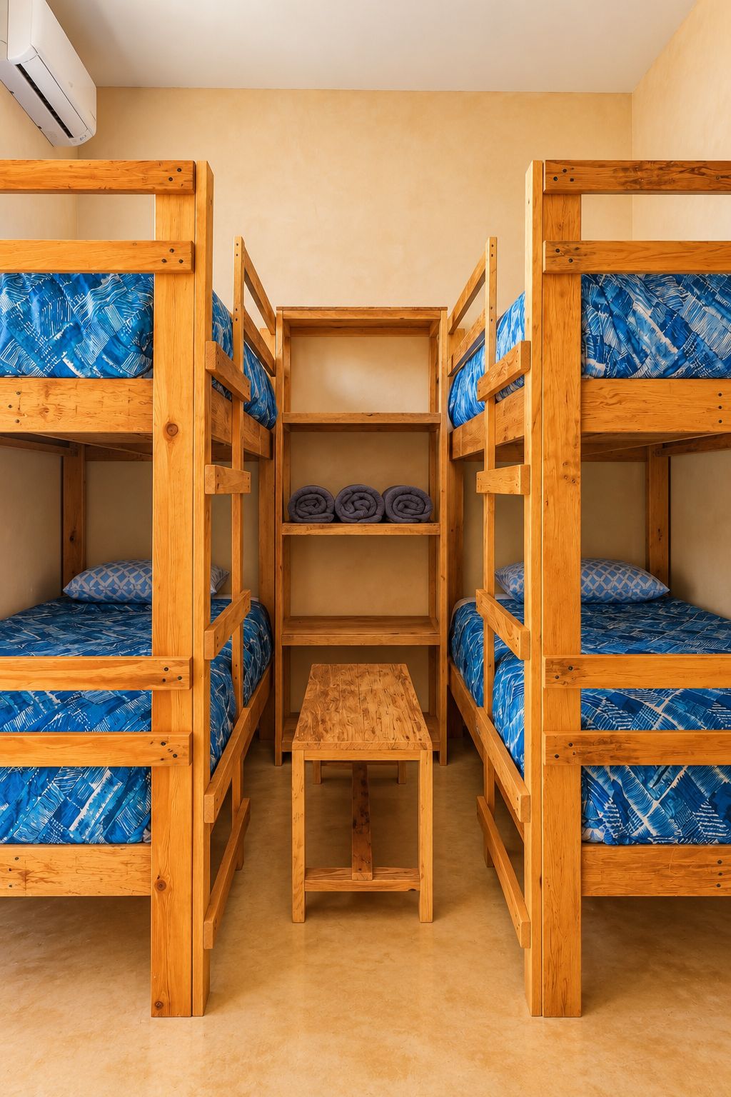 Une chambre avec des lits superposés, une table centrale et des étagères.