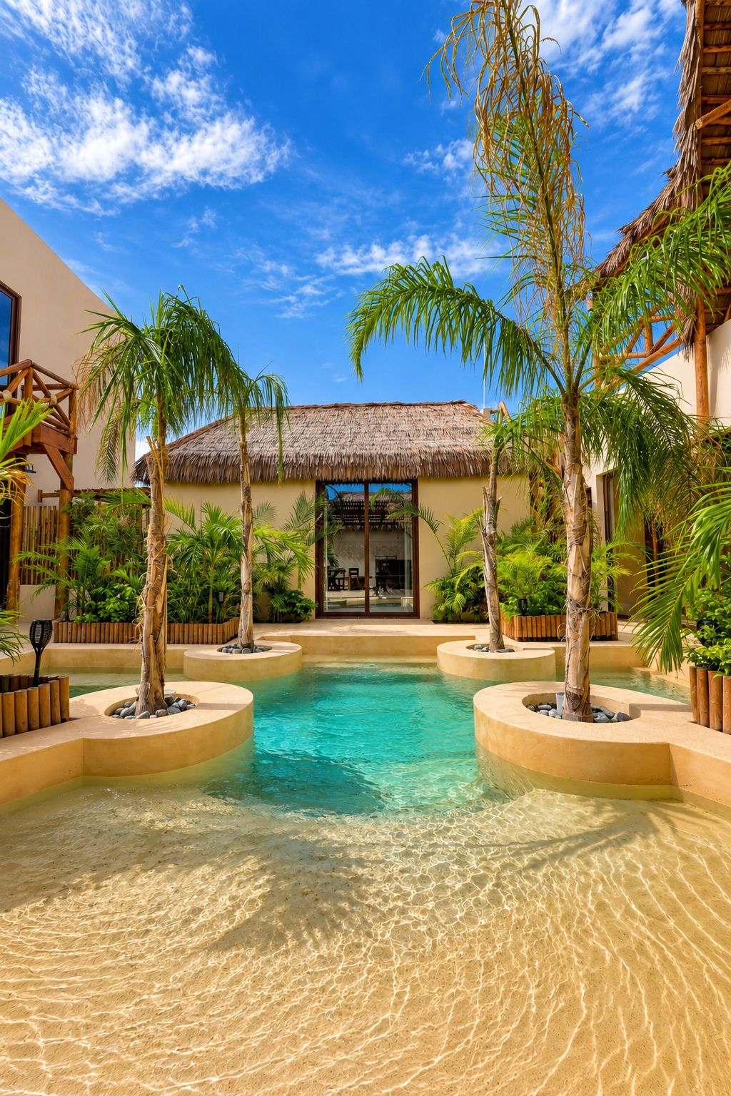 A pool area with clear water, surrounded by palm trees and a building with a thatched roof.