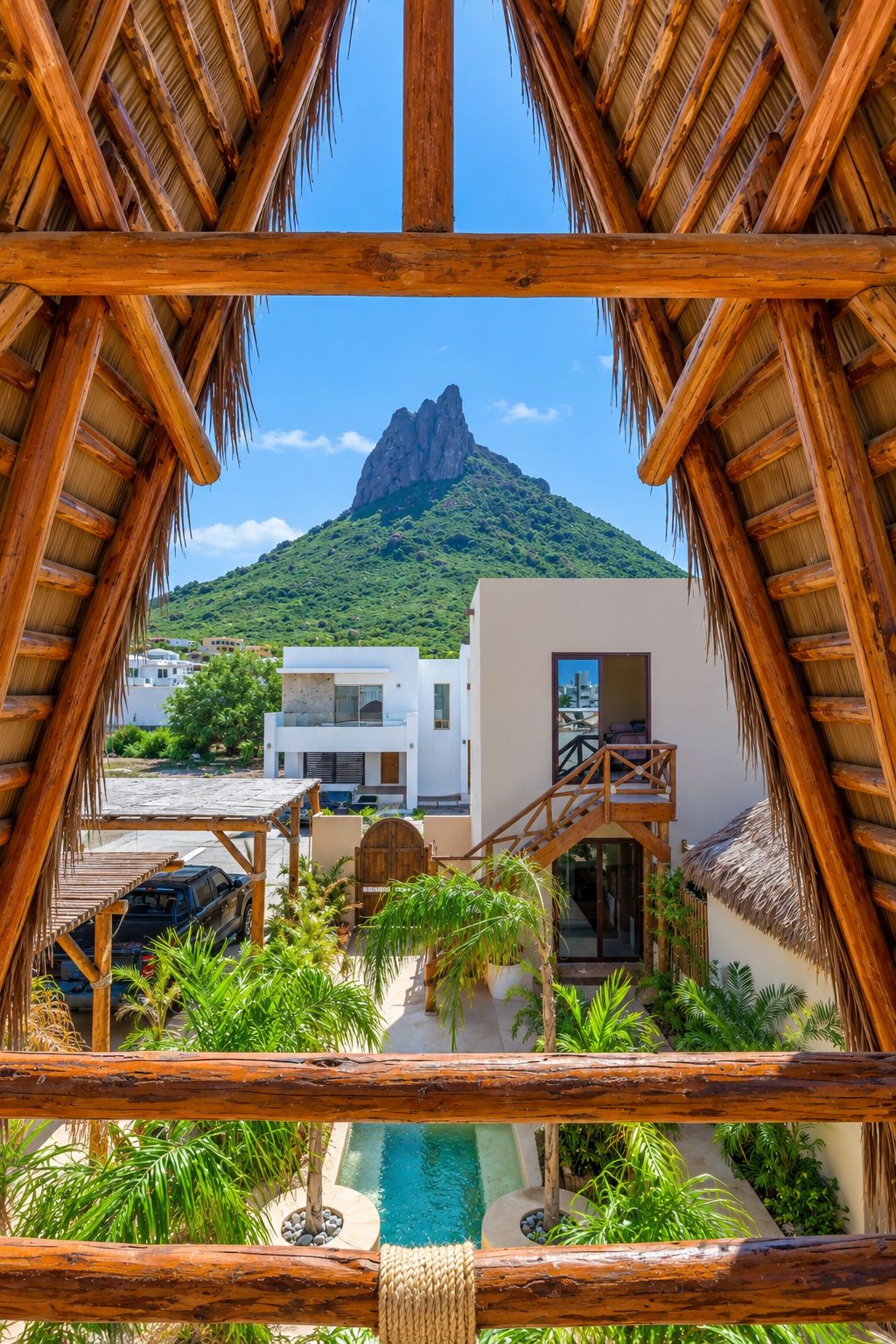 Une vue depuis un balcon en bois donnant sur une piscine, avec une montagne et des bâtiments modernes en arrière-plan.