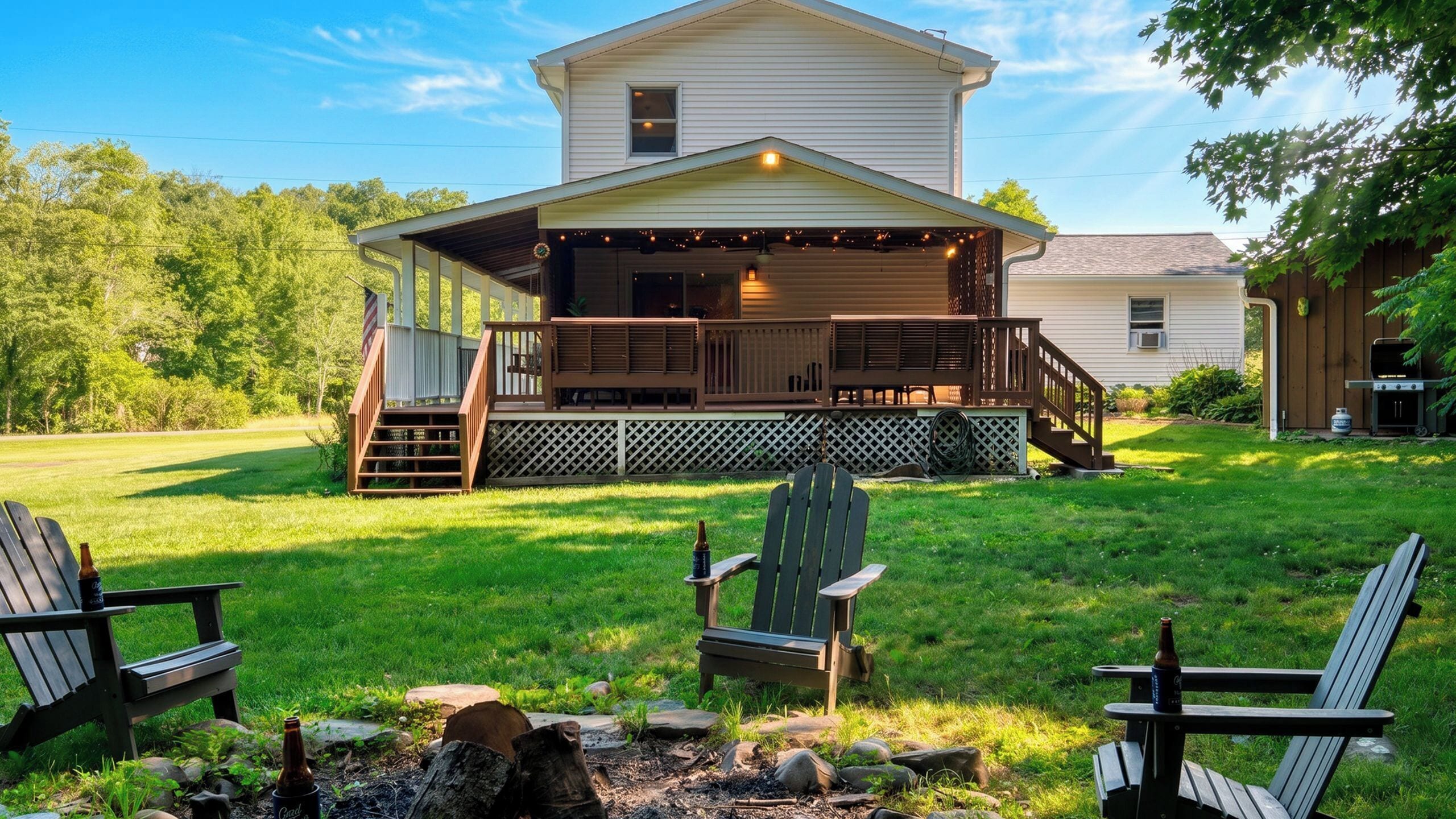 A house with a covered porch, outdoor seating, and a fire pit.